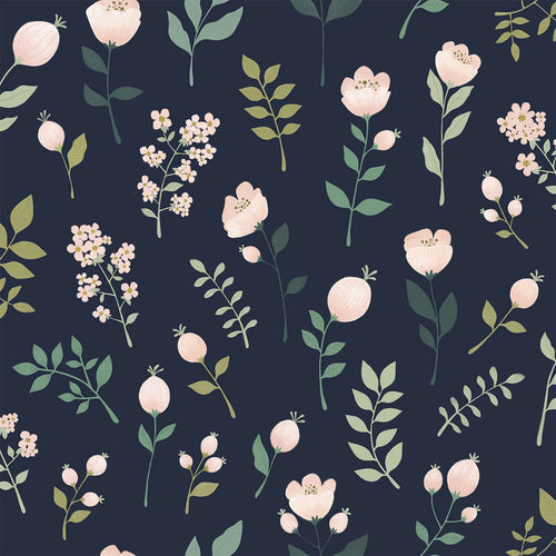 ESTAhome behang bloemen donkerblauw, roze en groen - 53 cm x 10.05 m - 139341