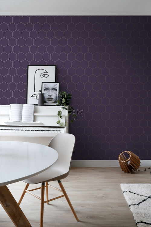 ESTAhome behang hexagon donker paars en goud - 53 cm x 10.05 m - 139575