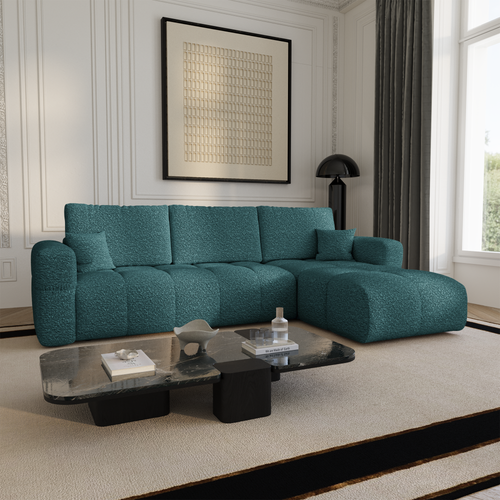 Premium Interiors - Rechthoekige hoekbank met slaapfunctie en opbergruimte VIBE - bouclé-stof eendblauw 286cm