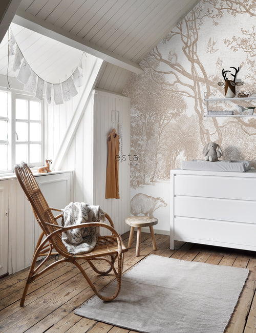 ESTAhome fotobehang bos met bosdieren beige - 350 x 279 cm - 159064