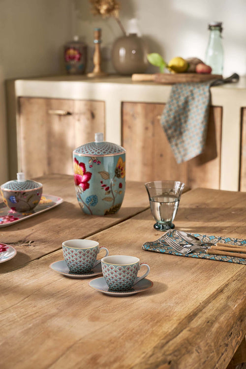 Pip Studio Kop en Schotel - Blooming Tales - Blauw - 120ml - Set van 2