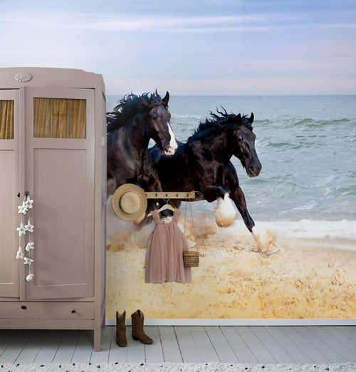Sanders & Sanders fotobehang paarden beige, bruin en blauw - 375 x 270 cm - 600410