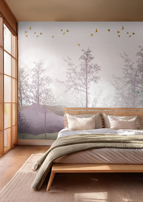 Sanders & Sanders fotobehang bosrijk landschap paars, beige en wit - 375 x 270 cm - 600976 - vtwonen shop