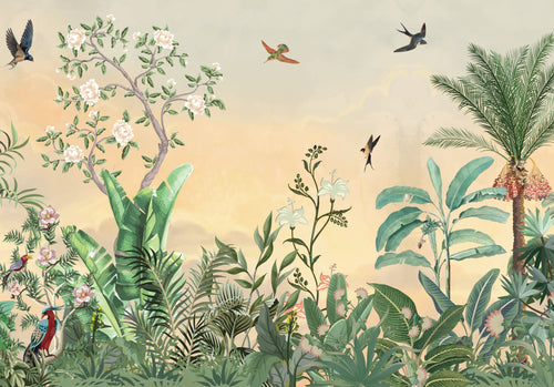 ESTAhome fotobehang tropische jungle bladeren en paradijsvogels groen en meerkleurig - 400 x 279 cm - 159463 - vtwonen shop