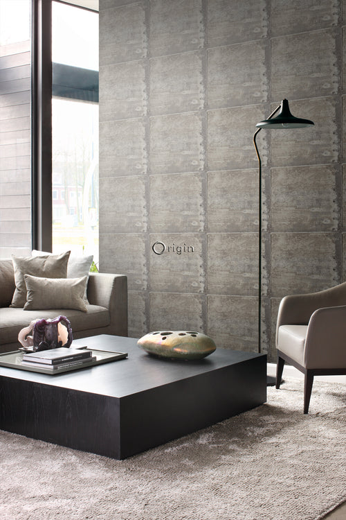 Origin Wallcoverings behang grote verweerde roestige metalen platen met klinknagels industrieel grijs - 53 cm x 10.05 m - 337229 - vtwonen shop