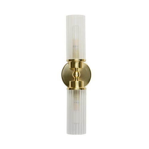 Searchlight Imperial 2-lichts wandlamp, satijnen messing metaal en helder geribbeld glas