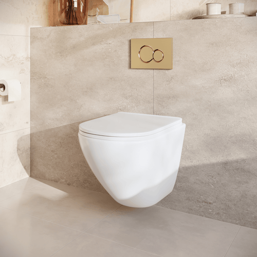 LOMAZOO hangtoiletset Linea - met inbouwreservoir & ronde drukplaat - rond - goud / wit