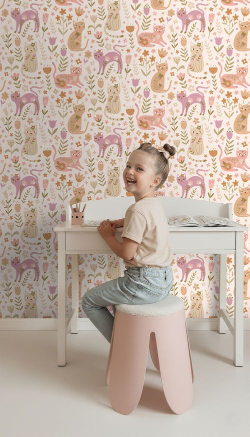 ESTAhome behang katjes paars, roze en beige - 50 x 900 cm - 132179