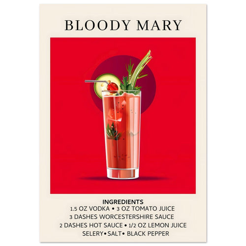 Artfulprints Poster met Lijst Bloody Mary cocktail - Ingrediënten   - A4 21x29.7 cm - Rood