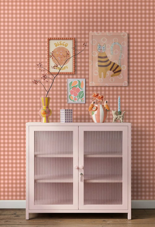 ESTAhome behang geblokt motief terracotta roze - 50 x 900 cm - 131296