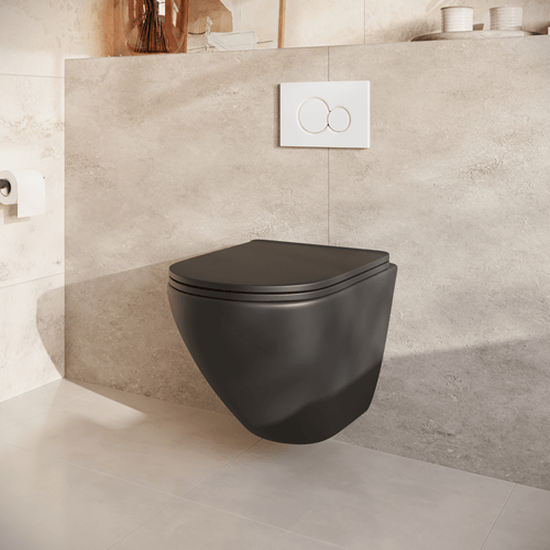 LOMAZOO hangtoiletset Linea - met inbouwreservoir & ronde drukplaat - rond - wit / zwart