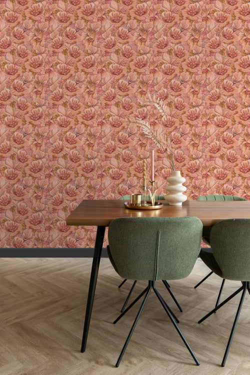 ESTAhome behang geborduurd bloemmotief terracotta roze - 50 x 900 cm - 131294