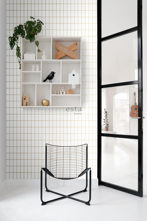 ESTAhome behang kleine tegeltjes wit en goud - 53 cm x 10.05 m - 139131