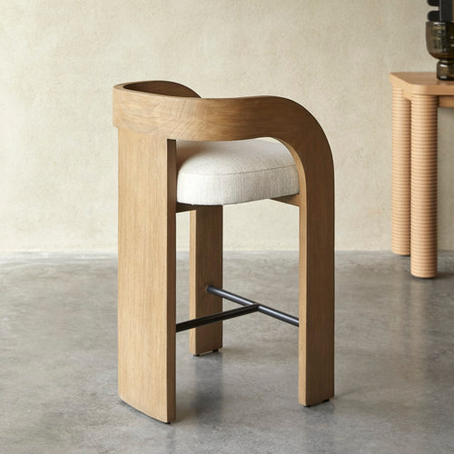Tikamoon Barstoel in massief mindihout en ecru stof - Beige