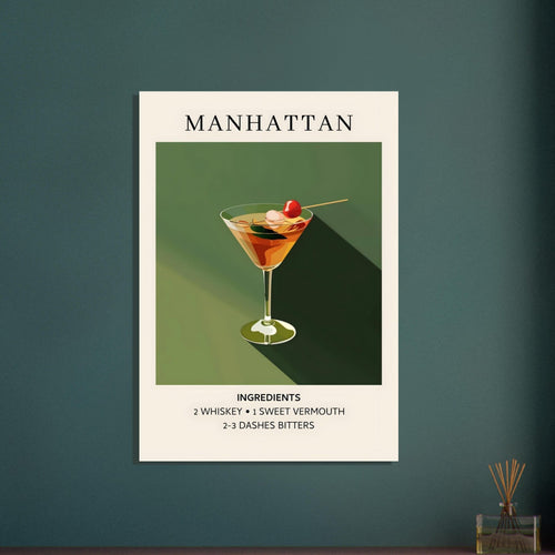Artfulprints Poster met Lijst Manhattan cocktail - Ingrediënten   - A4 21x29.7 cm - Groen