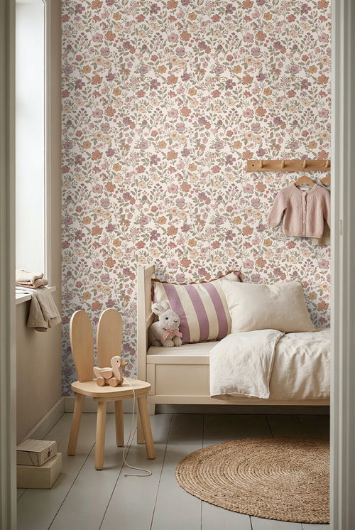 ESTAhome behang bloemetjes mauve paars, vergrijsd groen en terracotta - 53 cm x 10.05 m - 131328