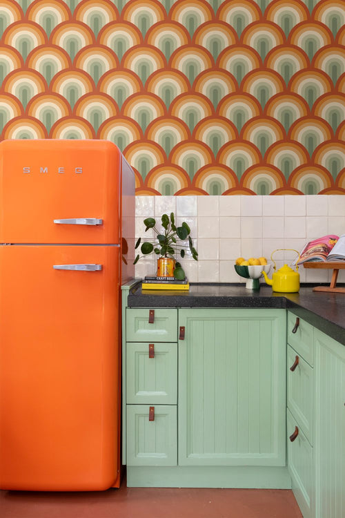 ESTAhome behang art deco bogen groen en oranje - 50 x 900 cm - 131773