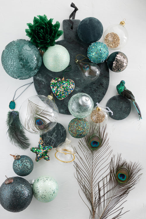 J-Line kersthanger Hart + Ster Pailletten - kunststof - groenblauw - 2 stuks