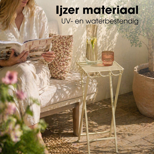 Mica Decorations Rosalie Planttafel voor Buiten - Plantenstandaard voor Kamerplanten 68 x 28cm - Inklapbaar - IJzer - Offwhite