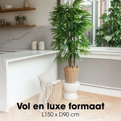 Mica Decorations Rhapispalm – Kunstplant in Pot – Realistische Nepplant Woondecoratie – Kunstplanten voor Binnen en Buiten – H150 x Ø60 cm – Groen