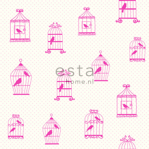 ESTAhome behang getekende vogelkooitjes roze - 53 cm x 10.05 m - 137338
