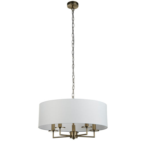 Searchlight Knightsbridge Hanglamp met 5 lampen, antiek messing en witte linnen kap