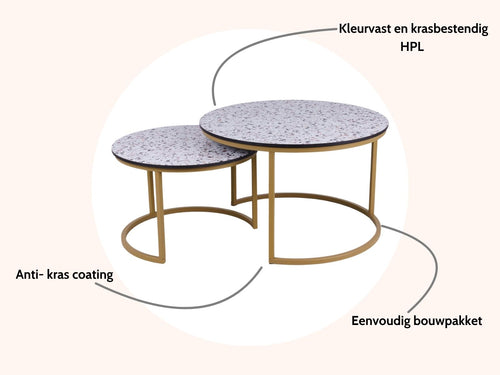 MaximaVida ronde salontafel set Lucca XL 75 en 58 cm champagne goud – HPL terrazzo look