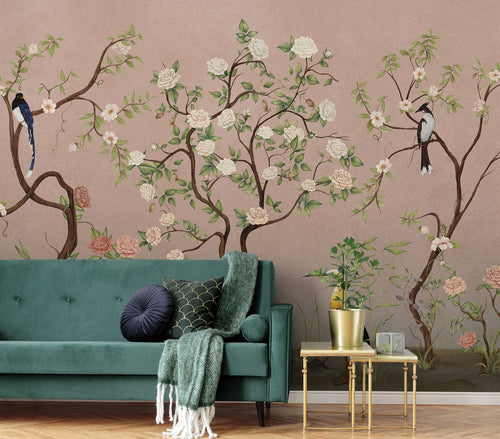 Sanders & Sanders fotobehang bloemen en vogels roze en groen - 424 x 280 cm - 640799