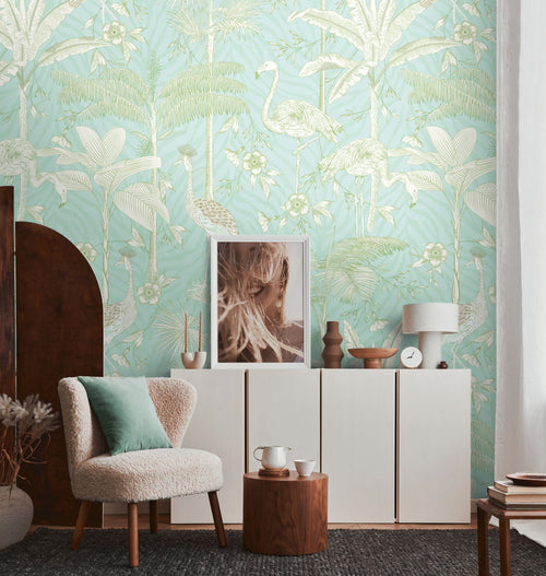 Livingwalls fotobehang dieren turquoise, wit en groen - 159 x 280 cm - AS-392061 - vtwonen shop