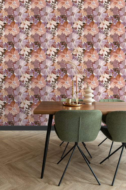 ESTAhome behang bloemen mauve paars en terracotta - 50 x 900 cm - 131266