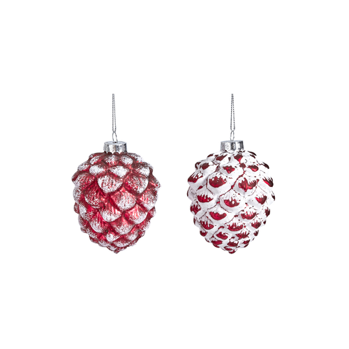 Sia Deco Kerstballen Dennenappel - rood en wit - glas - Set van 2 - H9 - vtwonen shop