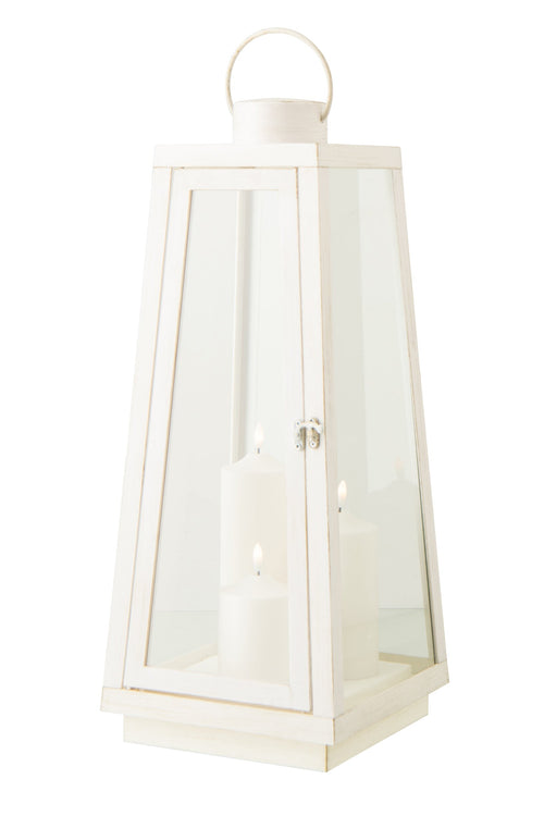 J-Line lantaarn + kaars - glas - wit - large - LED lichtjes