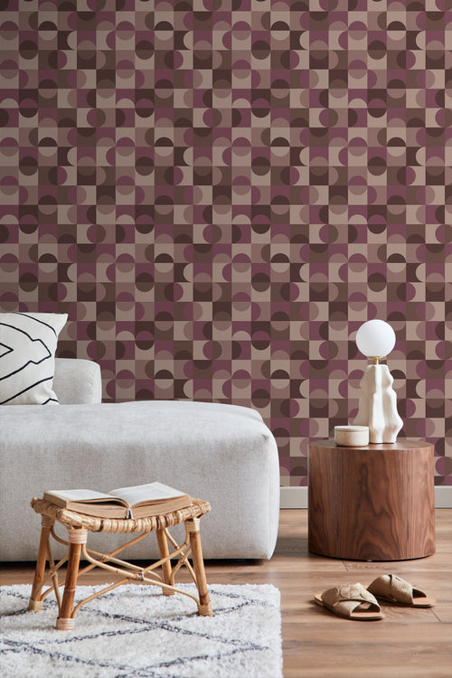 ESTAhome behang cirkels in Bauhaus stijl aubergine paars en bruin - 50 x 900 cm - 131240 - vtwonen shop
