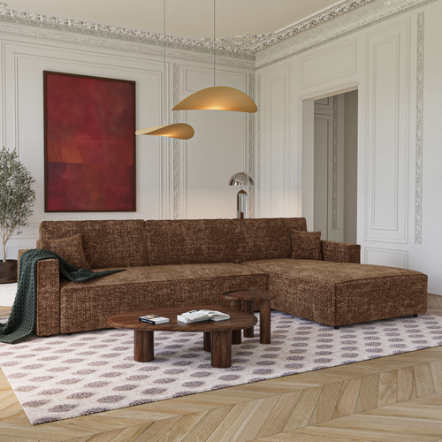 Premium Interiors - Rechthoekige hoekbank met slaapfunctie en opbergruimte  - stof met tweed-effect karamel 297cm