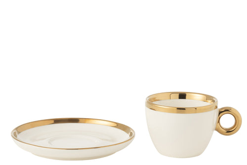 J-Line kop + schoteltje - keramiek - wit/goud - doos van 4