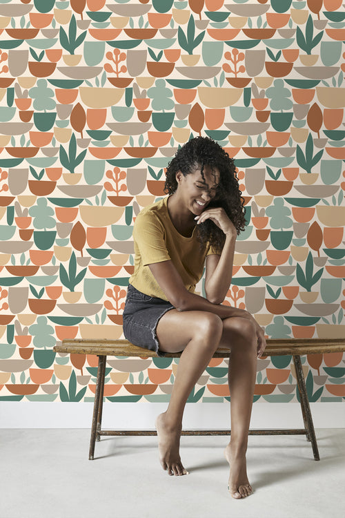 ESTAhome behang aardewerk en planten bruin en groen - 50 x 900 cm - 131077 - vtwonen shop