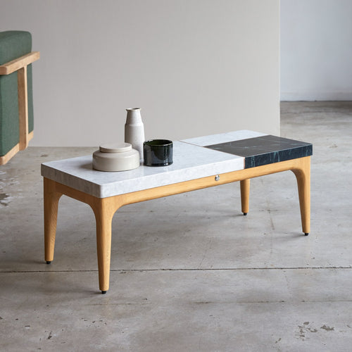 Tikamoon Stonepiet - Massief eiken en marmeren salontafel 95x40 cm - Wit