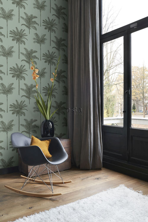 ESTAhome behang palmbomen vergrijsd groen - 53 cm x 10.05 m - 139165