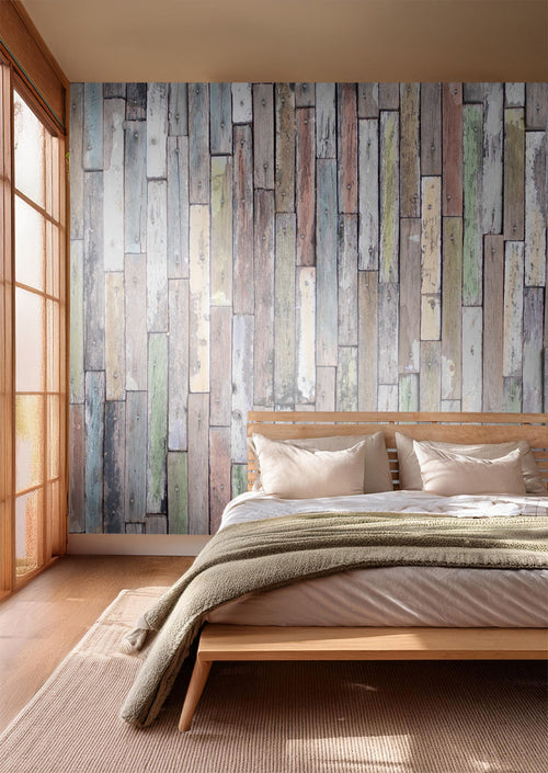 Sanders & Sanders fotobehang houten plankjes beige, groen en blauw - 360 x 254 cm - 600398