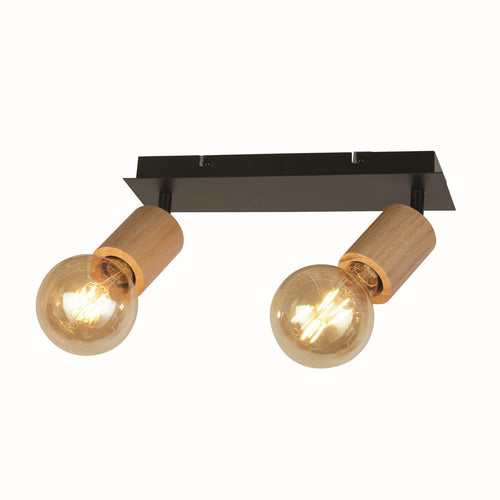 Spinny Schijnwerper met 2 lampen, hout en zwart metaal