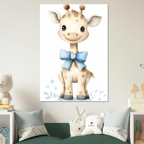 Artfulprints Poster Giraffe met blauwe strik   - 70x100 cm - Geel