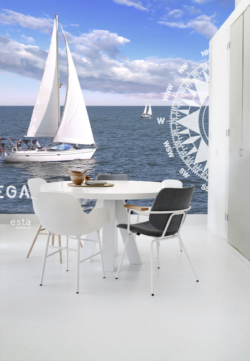 ESTAhome fotobehang zeilboot blauw - 372 x 270 cm - 156434 - vtwonen shop