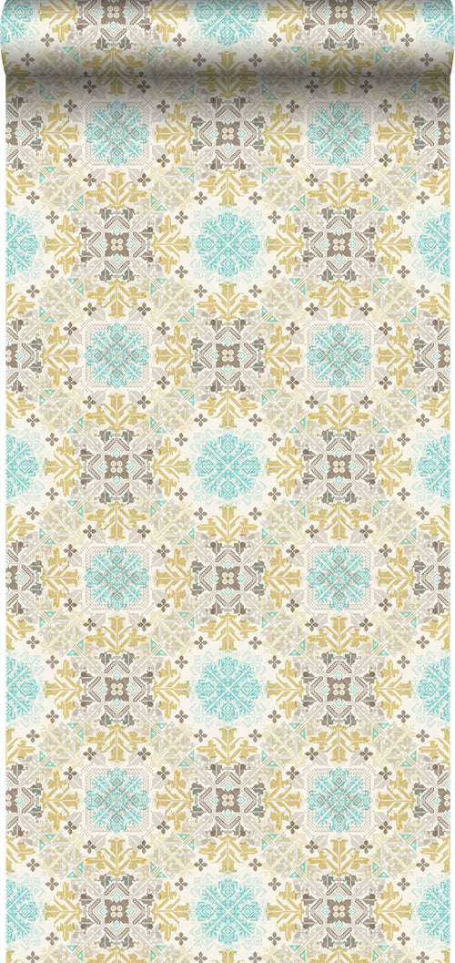 ESTAhome XXL behang folkloristisch borduurwerk beige en turquoise - 50 x 900 cm - 158605 - vtwonen shop