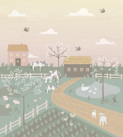 ESTAhome fotobehang boerderij dieren groen en roze - 250 x 279 cm - 159241 - vtwonen shop