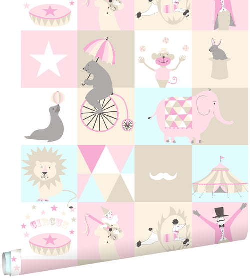 ESTAhome behang circus figuren licht roze, lichtblauw en beige - 53 cm x 10.05 m - 138711