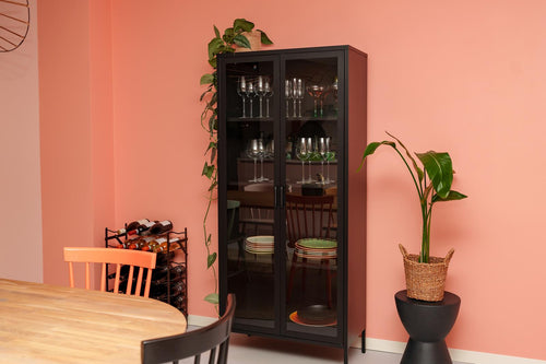 MaximaVida metalen locker vitrinekast Finn 80 x 35 x 180 cm zwart - echt glas - vtwonen shop