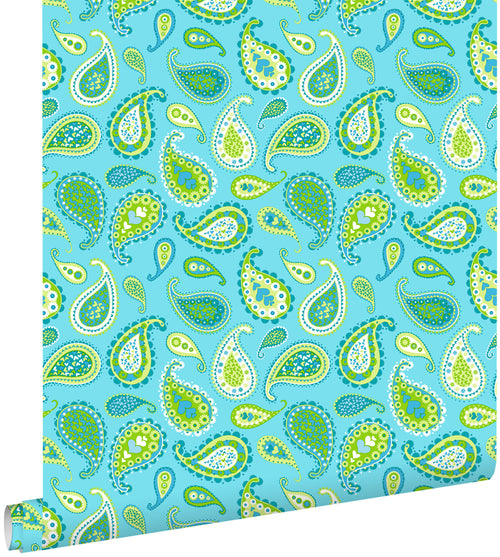 ESTAhome behang paisley turquoise en limegroen - 53 cm x 10,05 m - 115827 - vtwonen shop