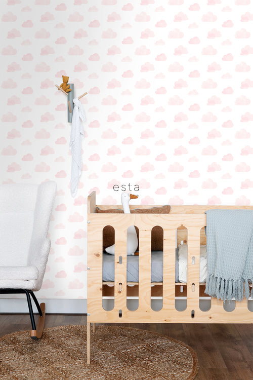 ESTAhome behang gestempelde wolkjes licht roze en wit - 53 cm x 10.05 m - 138929