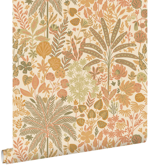 ESTAhome behang tropische bladeren en bloemen oranje en vergrijsd olijfgroen - 50 x 900 cm - 130943 - vtwonen shop