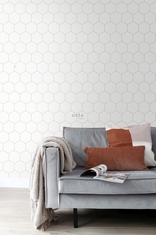 ESTAhome behang hexagon wit en goud - 53 cm x 10.05 m - 139312